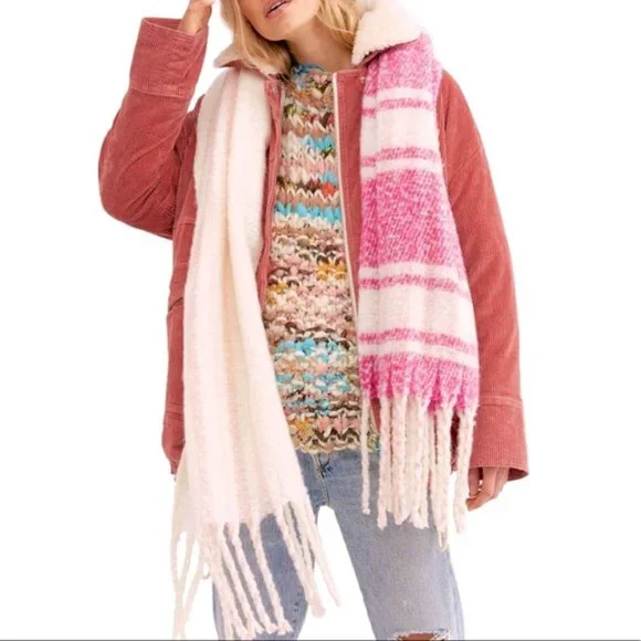 NWT Free People Gemini Plaid Blanket Scarf in Petal